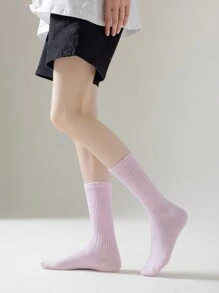 1 Pair Women's Sweet Dopamine Color Block Casual Crew Socks, Versatile Mid-Calf Socks, Spring/Summer - Baby Pink - View 2