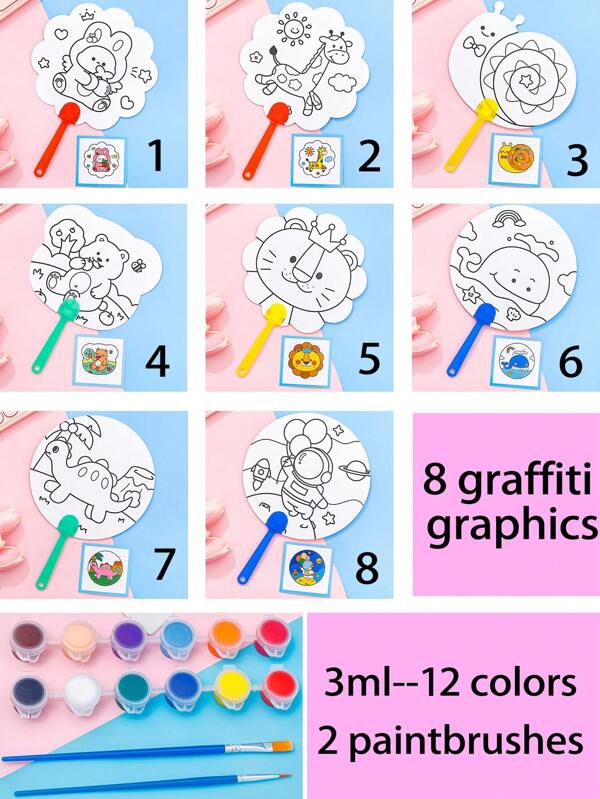 8 piezas/set Abanico de dibujos animados DIY para niños, regalo educativo hecho a mano para estudiantes de primaria, abanico pequeño para colorear, regalos de vuelta a clases