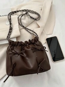 DAZY 1 Túi Đeo Vai Nữ Da Pu Màu Trơn Trang Trí Nơ, Túi Tote Mở Top Thời Trang Với Thiết Kế Dây & Xếp Ly, Thích Hợp Cho Phụ Nữ, Bé Gái, Học Sinh, Du Lịch, Dự Tiệc, Quà Tặng Sử Dụng Hàng Ngày - Cà phê nâu - Xem 3
