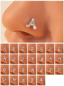 1pc 26 Letters Nose Ring Inlaid Shiny Zirconia Nose Stud Nail Ring L-Shaped Nose Nail Nose Piercing Ornament Female
