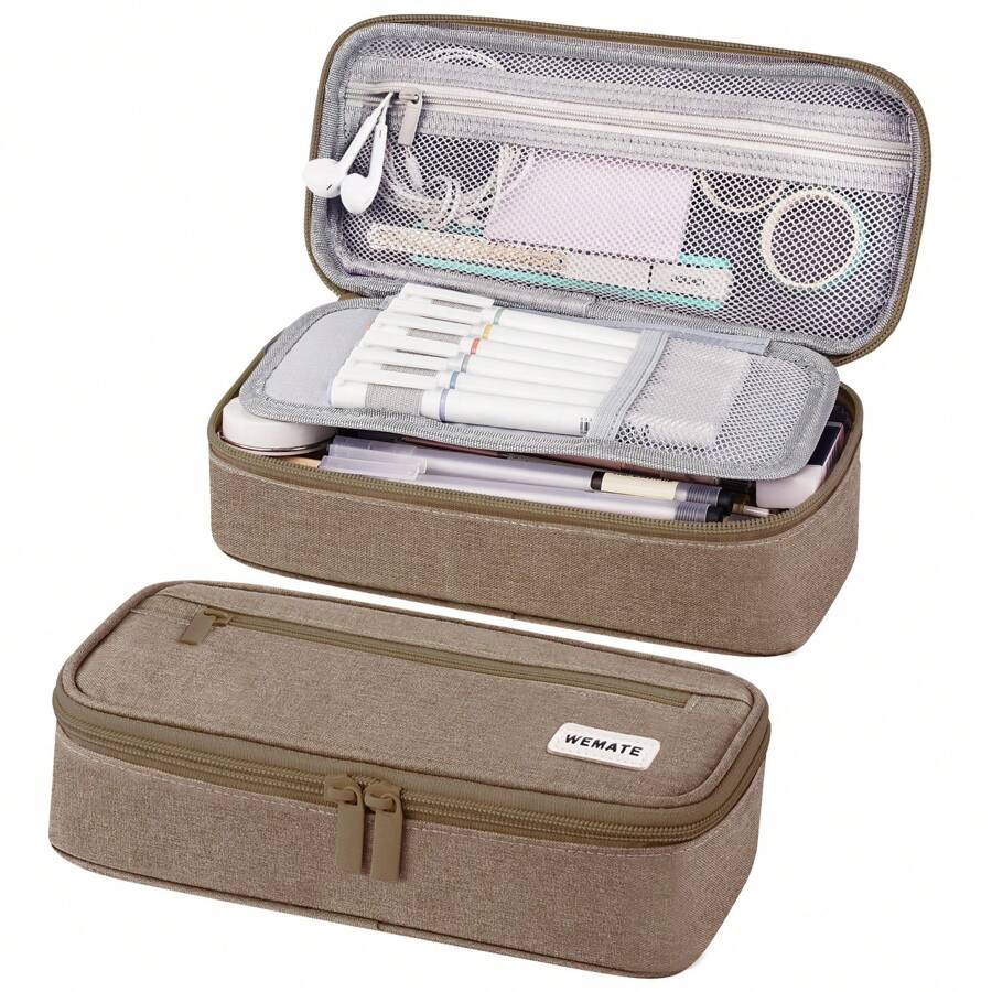 Large Pencil Case,Pencil Pouch With Zipper Compartments,Aesthetic Pencil Case For Adults,Stationery Pouch Pen Case For Office,Suitable For Junior High School Primary School Boys And Girls College Student - 卡其色 - 查看 1