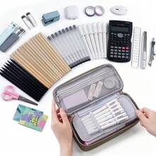 Large Pencil Case,Pencil Pouch With Zipper Compartments,Aesthetic Pencil Case For Adults,Stationery Pouch Pen Case For Office,Suitable For Junior High School Primary School Boys And Girls College Student - 卡其色 - 查看 6