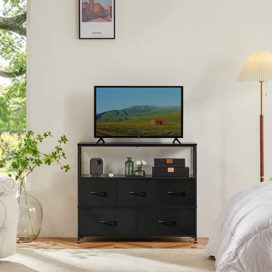 OLIXIS TV Stand Dresser For Bedroom Entertainment Center With 5 Fabric Drawers Media Console Table For TV Organizer Storage Drawers, Steel Frame With Open Shelf, Wood Top For Closet, Entryway - Black - View 1