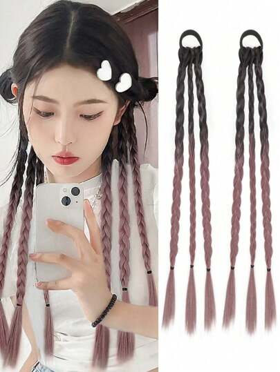 2入組馬尾辮合成纖維波克金G安全防護頭帶捲花辮彩色漸變棕色自然漸變多色辮