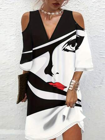 Slumpmässigt tryckt elegant ansiktstryck med öppen axel 7/10 ärmsklänning vår/sommar