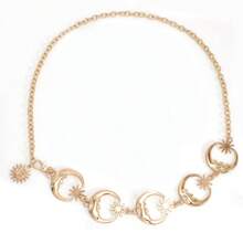 流行的金/銀色女用腰鏈，適用於鄉村音樂節派對裝飾，可搭配裙裝和牛仔褲，月形雙環金屬腰帶