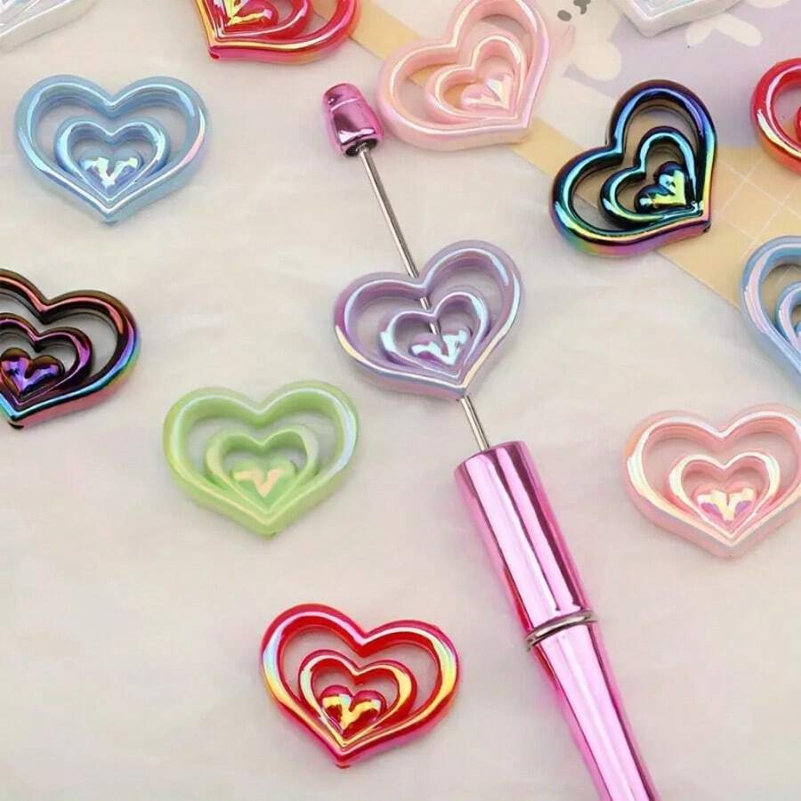 15入組鮮豔色彩中空心形珠子DIY串珠筆、手機掛飾配件隨機配色裝飾珠子 - 查看 1