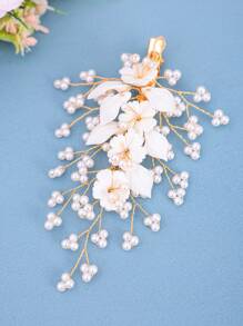 1pc Elegant Flower & Pearl Hair Clip, Bridal Wedding Hair Accessory - White - View 4