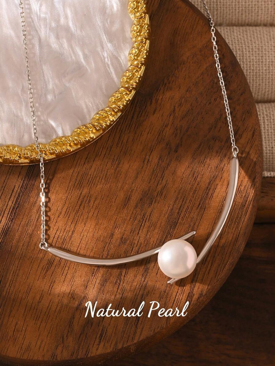 925 银几何平衡木吊坠项链，配 9-10 毫米淡水扁珍珠，优雅浪漫的礼物，适合日常佩戴、订婚、婚礼派对 - 白色 - 查看 1