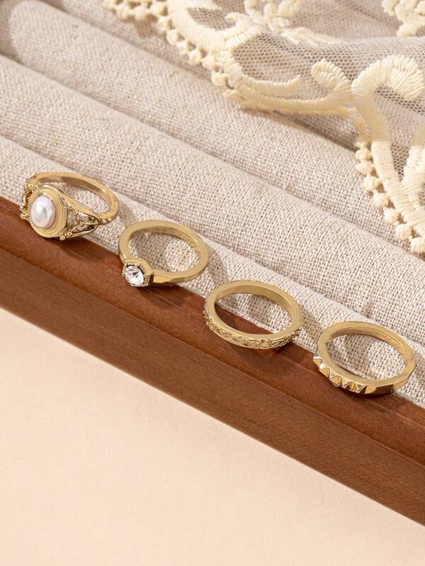 Conjunto de 4 peças de anéis minimalistas de pérolas e zircônias de luxo, design elegante para mulheres, adequado para uso diário casual