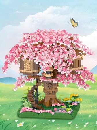 迷你粉色樱花树屋积木，樱花模型积木 DIY 玩具可作为礼物房间装饰