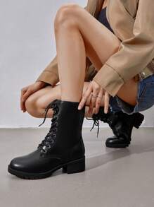 Women's Lace-Up Combat Boots Mid-Calf Militarys Classic And Stylish Winter Festival Christmas Black Boots - 黑色 - 查看 7