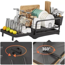 Dish Drainer Rack Kitchen Sink Drying Rack Bowl Plate Holder W/360° Drip Tray UK - Black - View 5