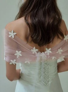 White Flower Decal Bride Shawl Short Sleeved Light Pink Shawl Used For Wedding Parties - Baby Pink - View 3