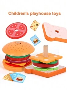 1入組木質卡通漢堡三明治兒童玩具，模擬食物廚房玩具，扮演小廚師必備用品，有助於兒童對食物的認知發展，適合3歲以上男女孩子使用，聖誕禮物/萬聖節禮物/生日禮物 - 漢堡 - 查看 4