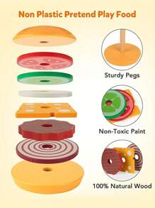 1入組木質卡通漢堡三明治兒童玩具，模擬食物廚房玩具，扮演小廚師必備用品，有助於兒童對食物的認知發展，適合3歲以上男女孩子使用，聖誕禮物/萬聖節禮物/生日禮物 - 漢堡 - 查看 6