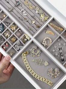 5 件/1 件珠宝收纳托盘，戒指和耳环展示隔板适用于卧室梳妆台收纳，柔软衬里，优雅家居装饰配件，经典风格珠宝收纳托盘 - 便携式灰色收纳盒，适用于戒指、耳环、项链 - 方便展示盒，戒指、耳环和手表展示盒 - 抽屉式项链和手表整理盒 - 彩色 - 查看 10