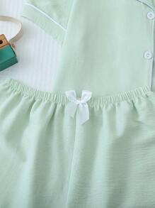 Women's Contrast Trim Short Sleeve Shirt With Button Closure And Bowknot Shorts Pajama Set, Suitable For Home Use In Summer - Green - View 5
