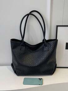 New High-Capacity Woven Pattern Handbag, Fashionable Shoulder Tote Bag With Niche Design, Solid Color Shoulder Bag, Suitable For Daily Outings, Shopping, Work, And Commuting, Eye-Catching Work Bags For Women - Black - View 8