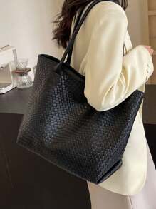 New High-Capacity Woven Pattern Handbag, Fashionable Shoulder Tote Bag With Niche Design, Solid Color Shoulder Bag, Suitable For Daily Outings, Shopping, Work, And Commuting, Eye-Catching Work Bags For Women - Black - View 3