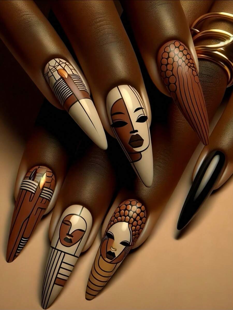 24 件长杏仁形假指甲，含 1 瓶果冻胶和 1 个指甲锉，暖色调埃及女王设计，适合女士美甲装饰按压指甲美甲用品 - 彩色 - 查看 1