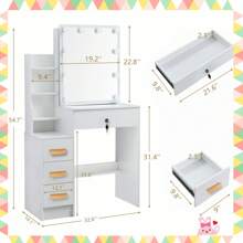 Girls Vanity Desk With Charging Station, Sliding Mirror, 3 Color Light Settings, Makeup Table With 4 Drawers, 7 Cabinets, Dressing Vanity Set With Stool For Bedroom - White - View 8