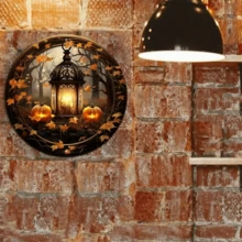 1个8x8英寸金属牌，秋季灯笼和南瓜花环设计，金属花环牌，圆形花环牌，门饰，孔位随机 - 多色2 - 查看 6