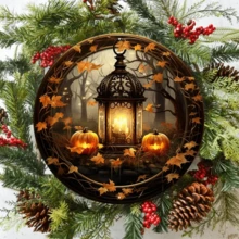 1个8x8英寸金属牌，秋季灯笼和南瓜花环设计，金属花环牌，圆形花环牌，门饰，孔位随机 - 多色2 - 查看 5