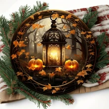 1个8x8英寸金属牌，秋季灯笼和南瓜花环设计，金属花环牌，圆形花环牌，门饰，孔位随机 - 多色2 - 查看 2