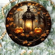 1个8x8英寸金属牌，秋季灯笼和南瓜花环设计，金属花环牌，圆形花环牌，门饰，孔位随机 - 多色2 - 查看 3