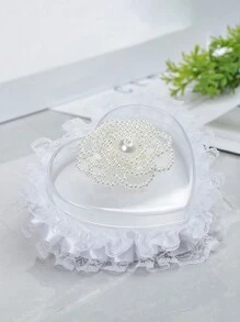 1 pieza Cojín de anillo para niña de las flores en boda con forma de corazón con encaje, caja de anillo con perlas y rhinestones en forma de corazón, cojín portador de anillo para niña de las flores, soporte para anillo de compromiso, caja de anillo con mariposa de encaje, caja de joyería, caja de almacenamiento de anillos de boda, soporte portador de anillo, cesta con mariposa para fiesta de boda, propuesta, declaración, cojín de anillo pequeño portátil, caja de anillo para el Día de San Valentín