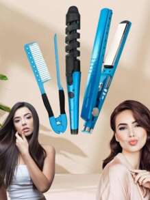 Kit De Plancha Alaciadora Rizadora Titanium Cabello Liso Rizado 3 En 1 barberia - Multicolor - Ver 2