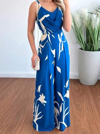 Summer Printed Draped Neck Spaghetti Strap Pleated Jumpsuit With Wide Legs