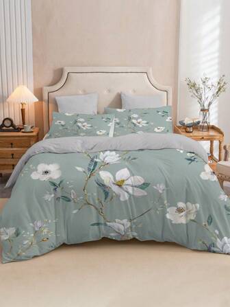 3入組被套套裝（1*被套 + 2*枕套，不含芯），極簡植物葉印花床上用品套裝，柔軟舒適透氣的被套，適用於臥室、客房