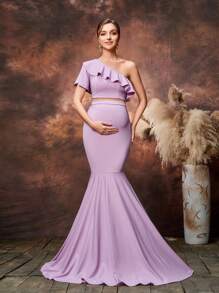 Faeriesty Dressalisa Maternity Ruffle Trim Crop Top & Mermaid Hem Skirt Two Pieces Set - Lilac Purple - View 4