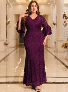 Robe longue sirène à col en V, manches à volants, en dentelle florale, grande taille. Convient pour la Saint-Valentin, les invités de mariage, le bal de promo, les anniversaires, les vacances, les cérémonies de remise des diplômes, les galas et autres occasions de fête élégante printanière - Bordeaux - Voir 7