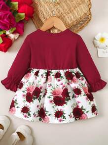 BrownBark Đầm 2 trong 1 cho bé gái, kiểu dáng thường ngày dễ thương, tay dài, phối họa tiết hoa và nơ, thoải mái, đáng yêu, phù hợp cho mùa xuân và mùa thu. - Màu Đỏ Sâu - Xem 3