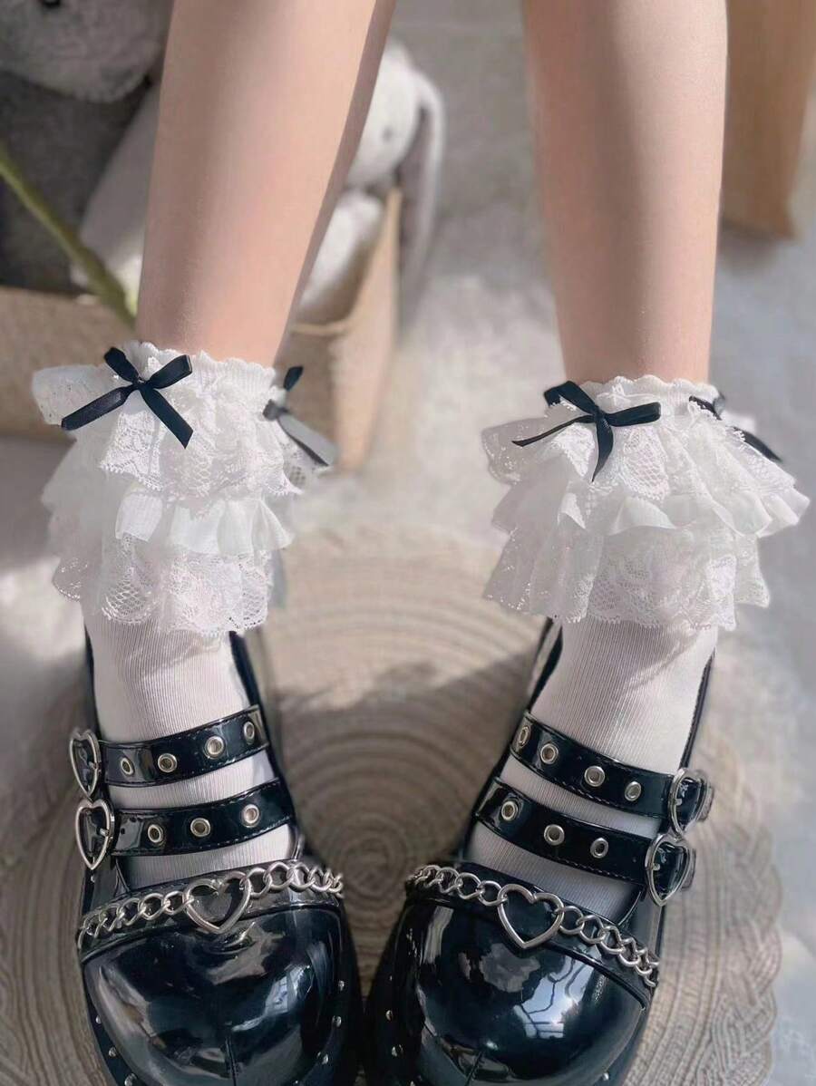 1 双蝴蝶结中筒袜女士蕾丝中筒袜女士袜子女孩袜子情人节情人节 - 白色 - 查看 1