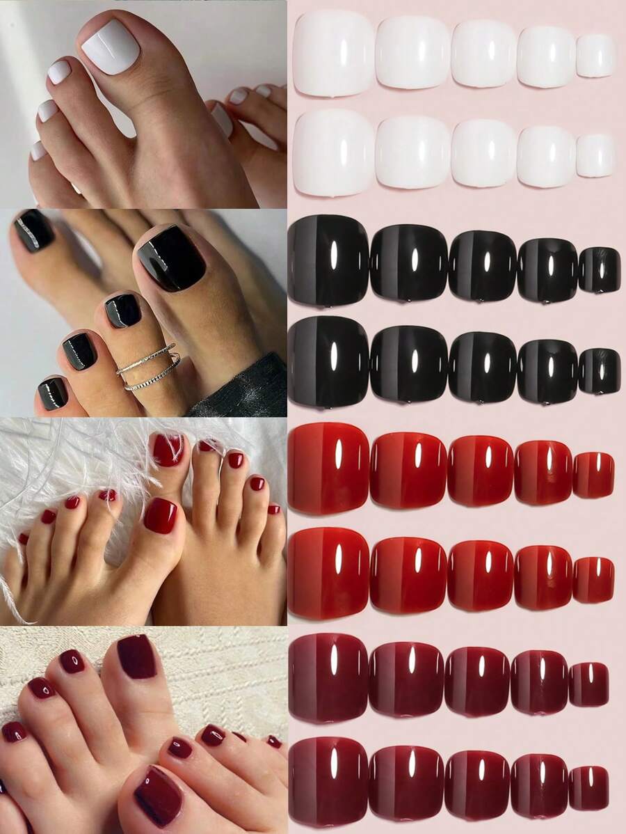 VV MEI JIA ER 96 piezas (Blanco/Negro/Rojo cereza/Rojo - Mezcla de 4 colores) Uñas postizas cuadradas cortas para los dedos de los pies, diseño de cobertura total, 4 piezas de uñas postizas brillantes para los dedos de los pies, set de manicura de verano, adecuado para mujeres y niñas, incluye caja de almacenamiento reutilizable - Multicolor - Ver 1