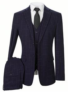 Conjunto de traje de 3 piezas azul marino y a cuadros rojos para hombre, incluye chaqueta, pantalones y chaleco, ajuste slim, formal, de oficina, para boda