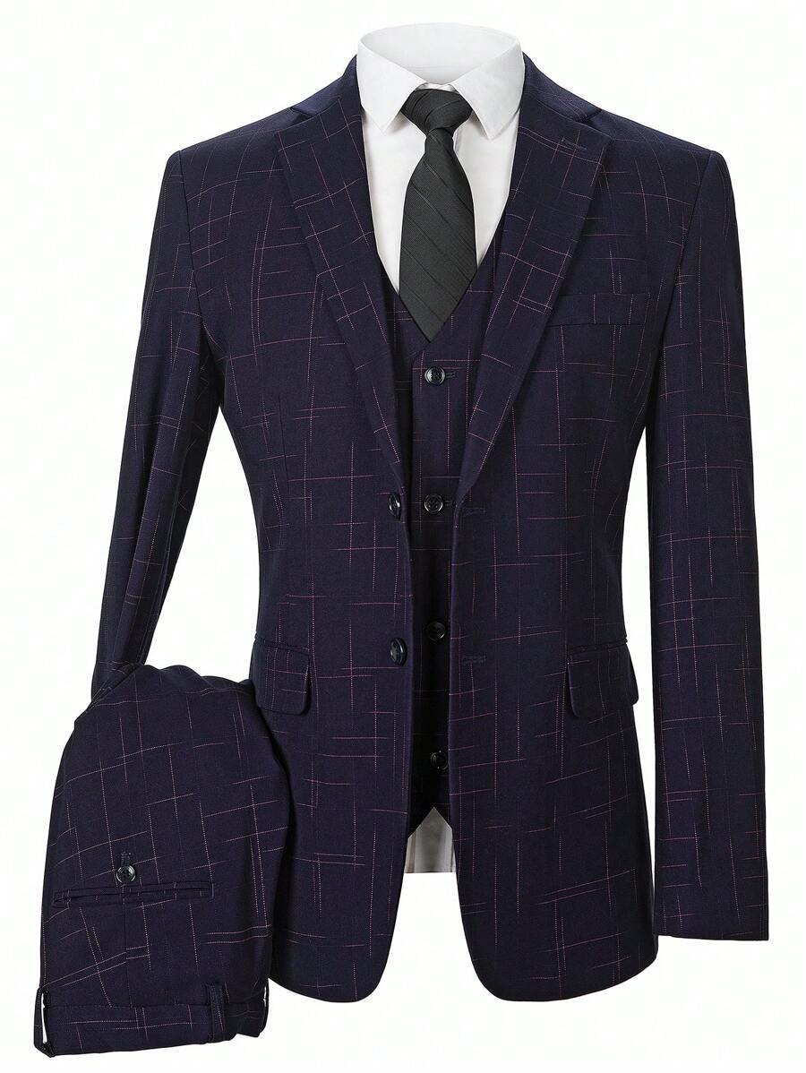Conjunto de traje de 3 piezas azul marino y a cuadros rojos para hombre, incluye chaqueta, pantalones y chaleco, ajuste slim, formal, de oficina, para boda