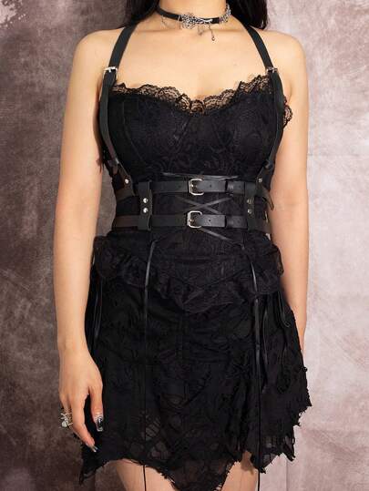 1pc Women's Gothic Style Plus Size Black PU Leather Sexy Harness Waist Belt, Suitable For Halloween Party, Gatherings Or Daily Wear