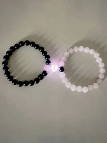 ATLVXJL 2pcs/Set Couple Luminous Heart Jewelry Set, Black Beaded Bracelet, Valentine's Day Gift - Multicolor - View 5