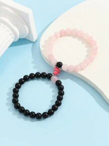 ATLVXJL 2pcs/Set Couple Luminous Heart Jewelry Set, Black Beaded Bracelet, Valentine's Day Gift - Multicolor - View 4
