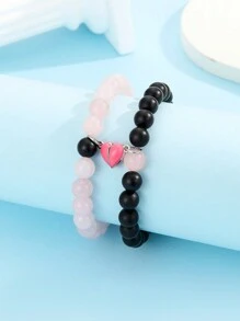 ATLVXJL 2pcs/Set Couple Luminous Heart Jewelry Set, Black Beaded Bracelet, Valentine's Day Gift - Multicolor - View 7