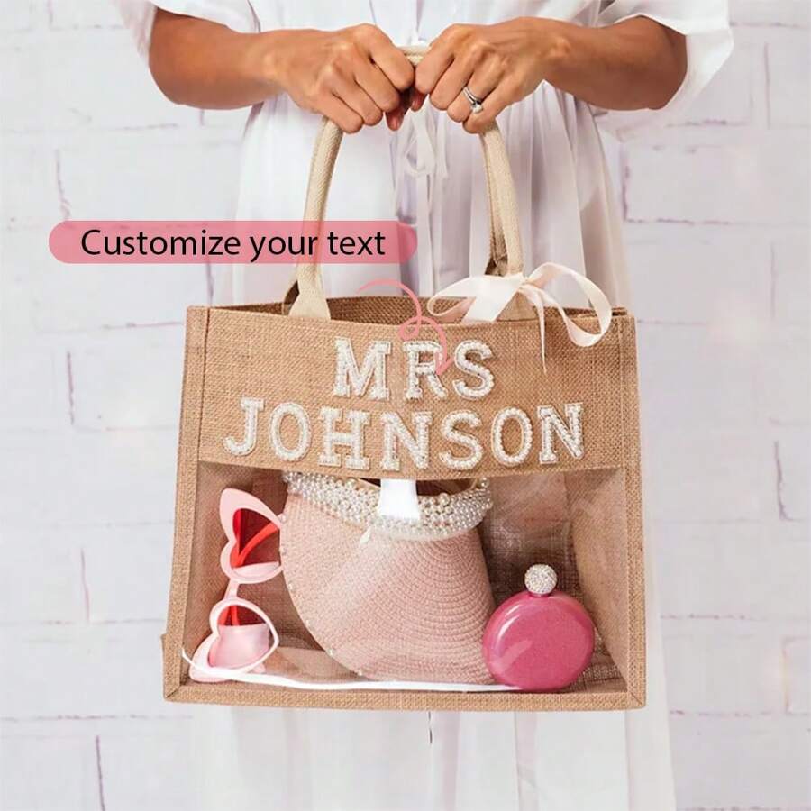 Personalized Custom Mrs Transparent Tote Bag Beach Pool Rustic Wedding Engagement Bachelorette Hen Party Bridal Shower Honeymoon Gift Bride Present(Only Contain The Bag) Letter Portable,Multifunction,Versatile,Lightweight,Functional,Practical Fashionable,Contracted,Vacay Vibes/Vacation,Minimalist,Basics,Leisure,Commuting,Business Casual Custom,Unique,Customized Treasure Finds,Winter Fashion,Christmas/Holiday Gift,Personalized Gifts For Women,Travel Bag,Clutch Bag/Handbag,Shoulder Tote Bag,Tote Bag Large Ideal Gifts For Her Friends,Women, Rookies & White-Collar Workers For Anniversaries,For Christmas,For Fall/Autumn,For Holiday/ Vacation,For Outdoors/Outings/Travel/Hiking/Stadium/Sports/Climbing - Beige - View 1