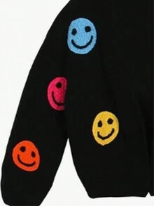 Cárdigan de punto jacquard con manga larga y estampado de cara sonriente para mujer, otoño/invierno - Multicolor - Ver 4