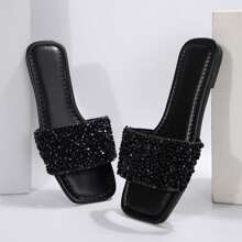 Women's Summer Beach Slippers, Rhinestones, Casual Fashion Slippers, Square Open Toe Flat Sandals, Indoor And Outdoor Valentines