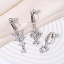 3pcs Women's Gift Stainless Steel Belly Button Ring Set, Non-Piercing Fake Navel Rings With Copper Inlaid Cubic Zirconia, Heart, Butterfly, And Cross Elements, Sexy Body Jewelry Valentines,Mom,Mother,Mother's Day,Gift - Silver - View 2