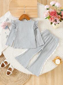 2pcs Baby Girls' Round Neck Cap Sleeve Top And Lace Flare Pants Set - Grey - View 2